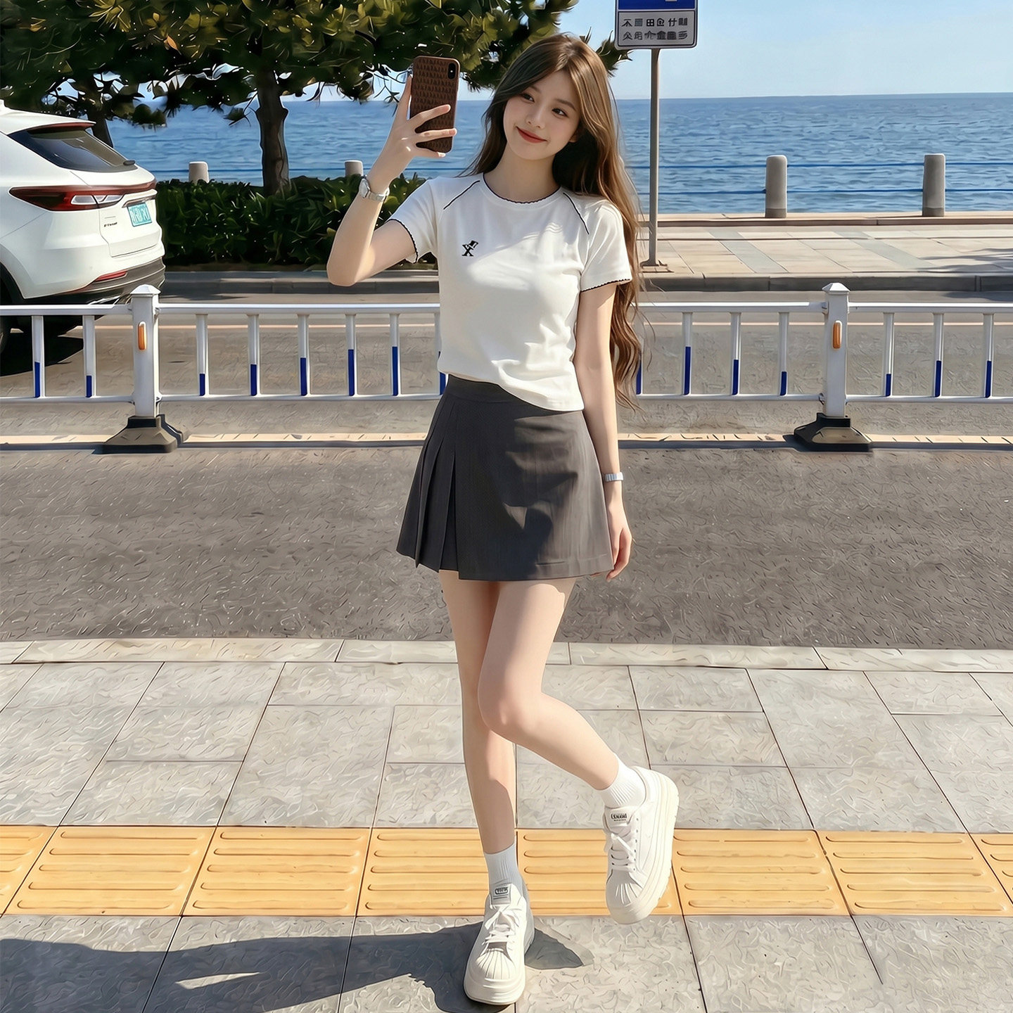 韩版运动休闲套装女夏季新款简约百搭圆领短袖上衣百褶裤裙两件套