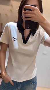 正肩上衣 纯棉藏青色polo领撞色短袖 t恤女夏季 学院风掐腰修身 短款