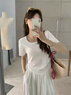 t恤女2026年新款 休闲短款 夏季 设I计感修身 学生上衣潮 韩版 抽绳短袖
