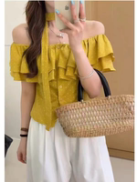 襯衫甜美飄帶波點荷葉邊一字肩減齡顯瘦上衣女2025夏季新款小衫潮