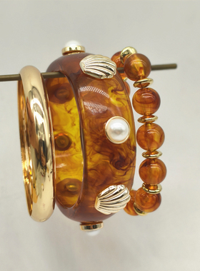 琥珀色贝壳欧美树脂手镯三件套