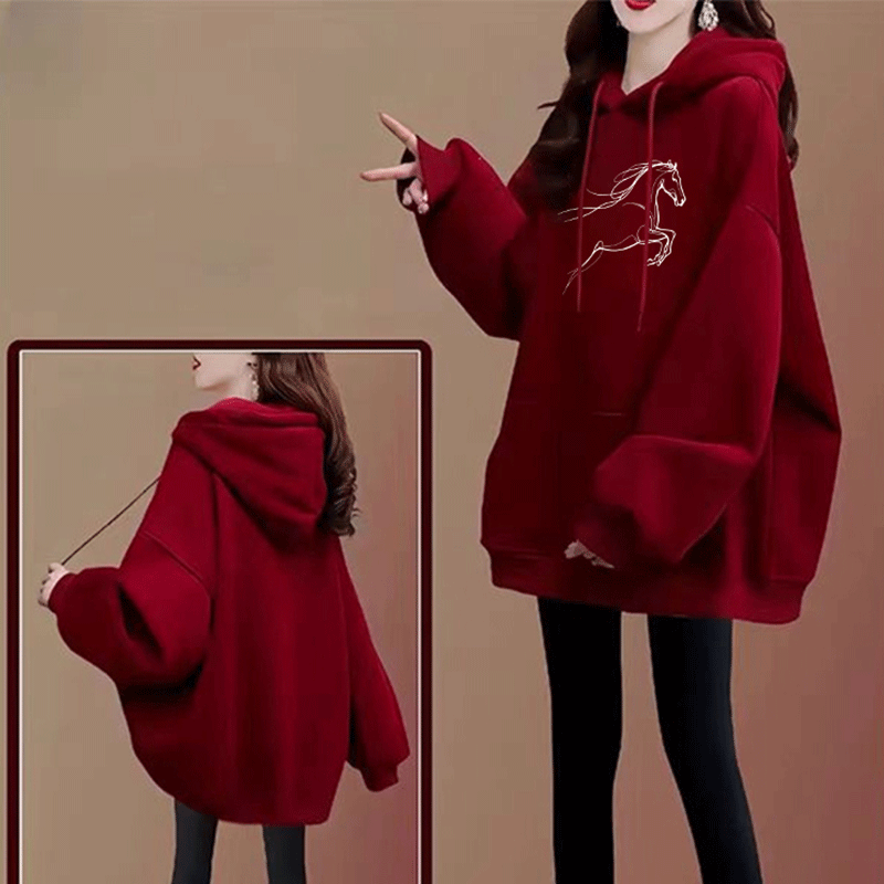 2026马年本命年衣服冬季加绒加厚酒红色连帽卫衣女款宽松大码上衣