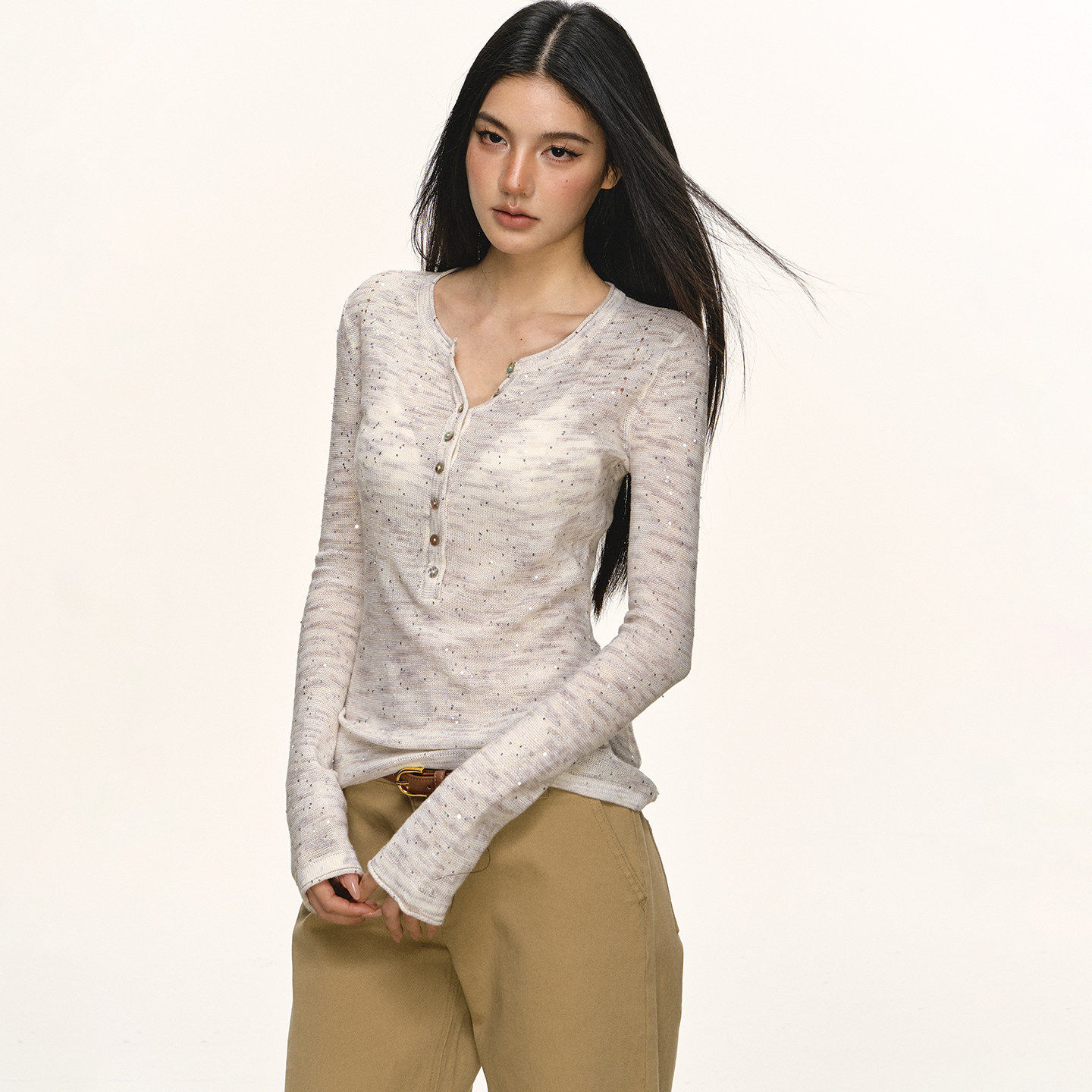 anna aneae亮片亨利领针织打底衫女秋冬微透镂空修身显瘦长袖上衣