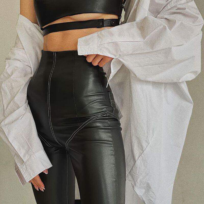 White line elastic splicing leather pants women velvet pants