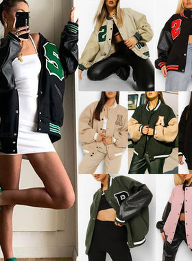 欧美女装棒球服外套女秋冬新款嘻哈抓绒加厚夹克外套jacket women