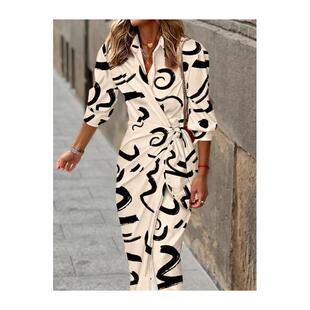 通勤OL翻领印花绑带收腰七分袖 欧美时尚 连衣裙长裙DRESS 新款 秋季