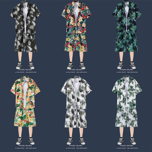 韩国潮牌夏季沙滩套装男短袖花衬衫休闲夏威夷情侣海边短裤度假两