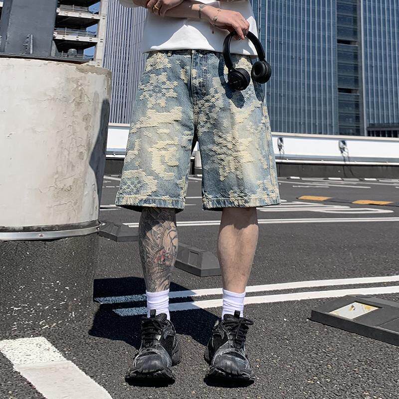 韩国潮牌夏季新款美式高街潮牌提花五分裤男士牛仔短裤宽松直筒复