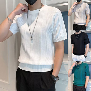 短袖 针织衫 T恤男条纹圆领纯色老钱风冰丝夏跨境 新款 韩国潮牌夏季