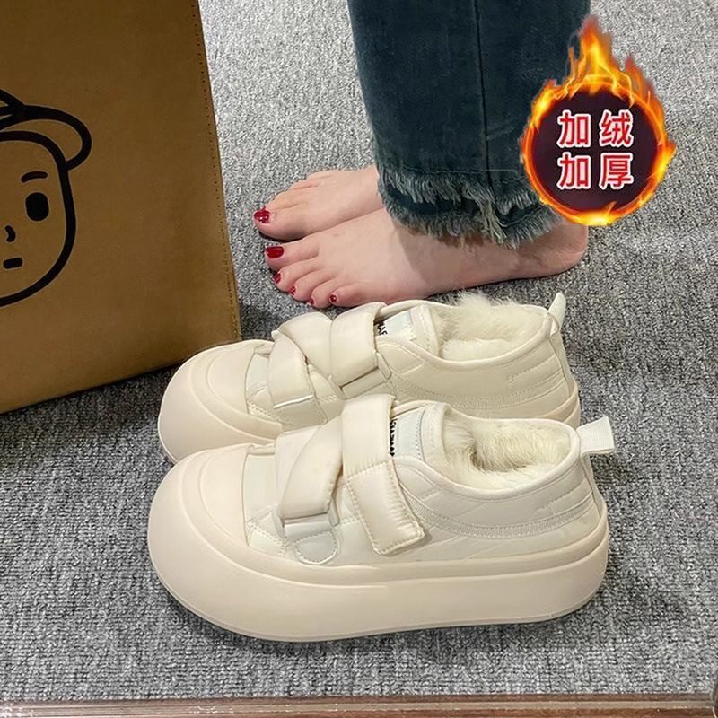 韩国潮鞋奶fufu小白鞋女2026新款冬季厚底增高魔术贴面包棉鞋厚底
