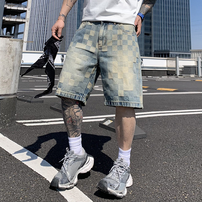 韩国潮牌正品高街风格子牛仔短裤男夏季纯棉五分裤2026新款男士直