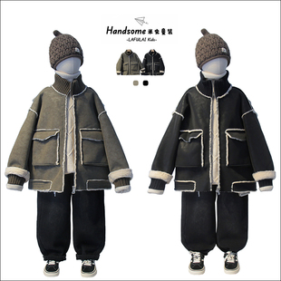啦芙莱童装儿童立领麂皮绒外套25冬男童机车风加绒保暖拉链衫6257