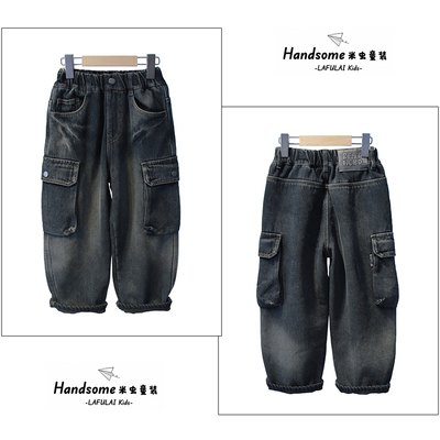 啦芙莱品牌童装儿童一体绒工装牛仔裤25冬新男女童阔版长裤潮3275