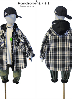 牛哆哆童装儿童连帽加厚黑白格衬衫外套24冬季新男女童开衫33351