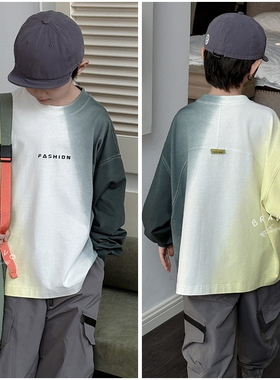 布芮欧童装儿童潮酷撞色扎染阔型长袖25春季新品男童个性T恤86390