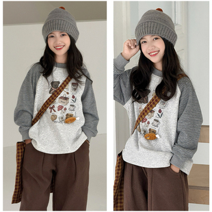 T恤5082 女童长袖 大E小e童装 儿童条纹拼接一体绒加厚卫衣25冬新品