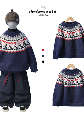 ANIKA童装儿童费尔岛加厚圆领毛衣25冬季新品男女童针织线衫3680