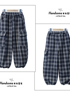 ANIKA童装儿童加绒工装裤25冬新品男女童一体绒格子休闲长裤3126