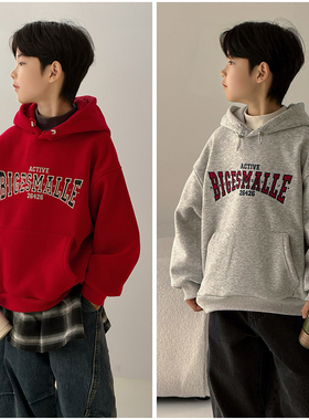 大E小e童装儿童韩版一体绒连帽卫衣25冬季新男女童字母上衣25263