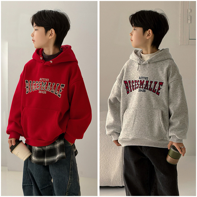 大E小e童装儿童韩版一体绒连帽卫衣25冬季新男女童字母上衣25263