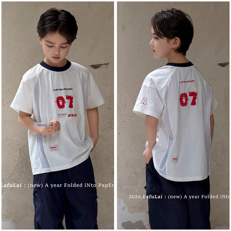 啦芙莱童装儿童篮球服运动风网面短袖T恤26夏新男女童薄上衣7809