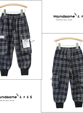 牛哆哆童装儿童黑白格加绒工装裤2023冬新男童束脚一体绒裤87020
