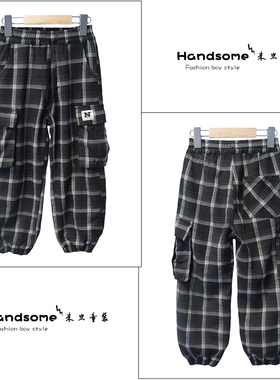 牛哆哆童装儿童黑白格一体绒工装裤24冬季新男女童加绒长裤81950