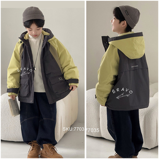 男女童夹棉冲锋衣潮77035 外套25冬新品 布芮欧童装 儿童拼色中长款