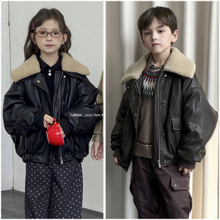 啦芙莱童装 男童运动皮革翻领上衣6501 儿童夹薄棉PU皮外套25初冬季