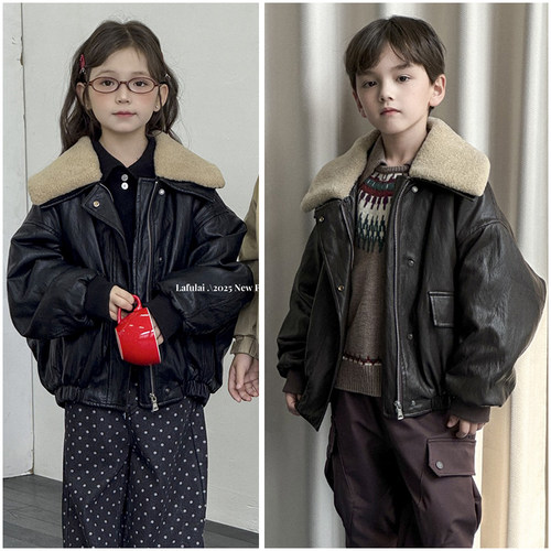啦芙莱童装儿童夹薄棉PU皮外套25初冬季男童运动皮革翻领上衣6501