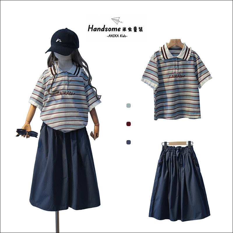 ANIKA童装儿童韩系学院条纹POLO衫领26夏新女童翻领短袖T恤2382