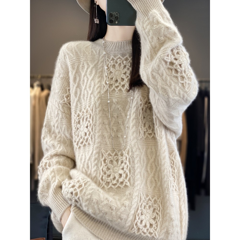 香港潮牌重工钩花100纯羊毛衫女圆领加厚镂空宽松慵懒风羊绒针织,女装/女士精品,羊绒衫,淘宝优惠券,粉丝福利购,淘宝优惠卷