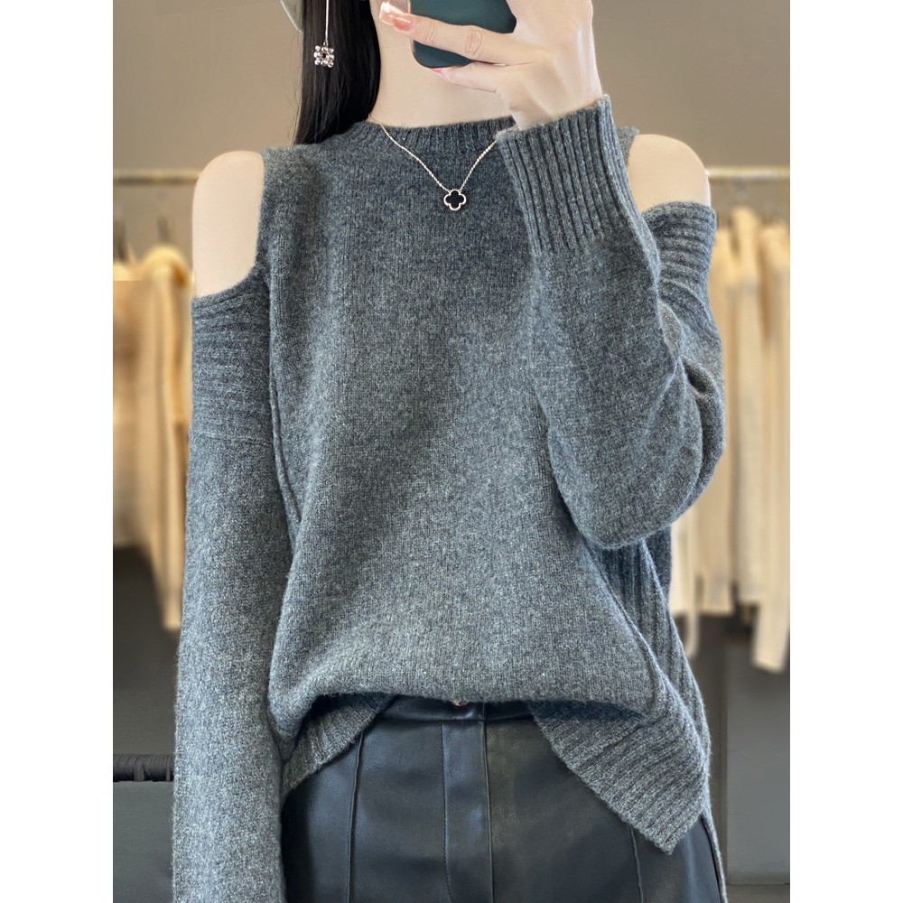 香港潮牌100纯羊毛衫女圆领漏肩纯色长袖针织毛衣宽松开叉羊毛衫,女装/女士精品,羊绒衫,淘宝优惠券,粉丝福利购,淘宝优惠卷