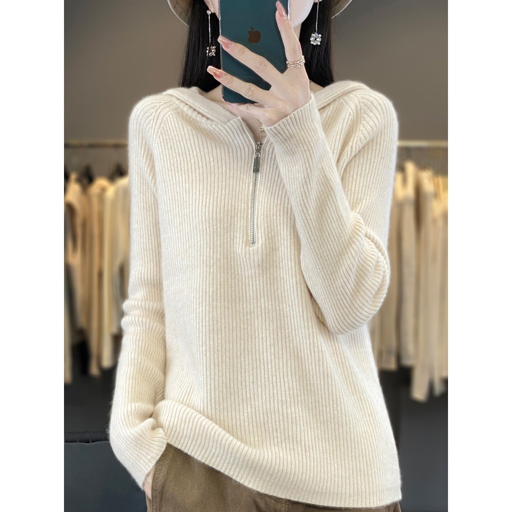 香港潮牌半开领拉链100纯羊毛帽衫女秋冬新款坑条毛衣连帽羊绒衫,女装/女士精品,羊绒衫,淘宝优惠券,粉丝福利购,淘宝优惠卷