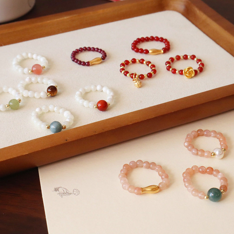 香港潮牌天然红玛瑙戒指石榴石贝珠太阳石弹力绳戒指新中式葫芦锦,饰品/流行首饰/时尚饰品新,银饰戒指,淘宝优惠券,粉丝福利购,淘宝优惠卷