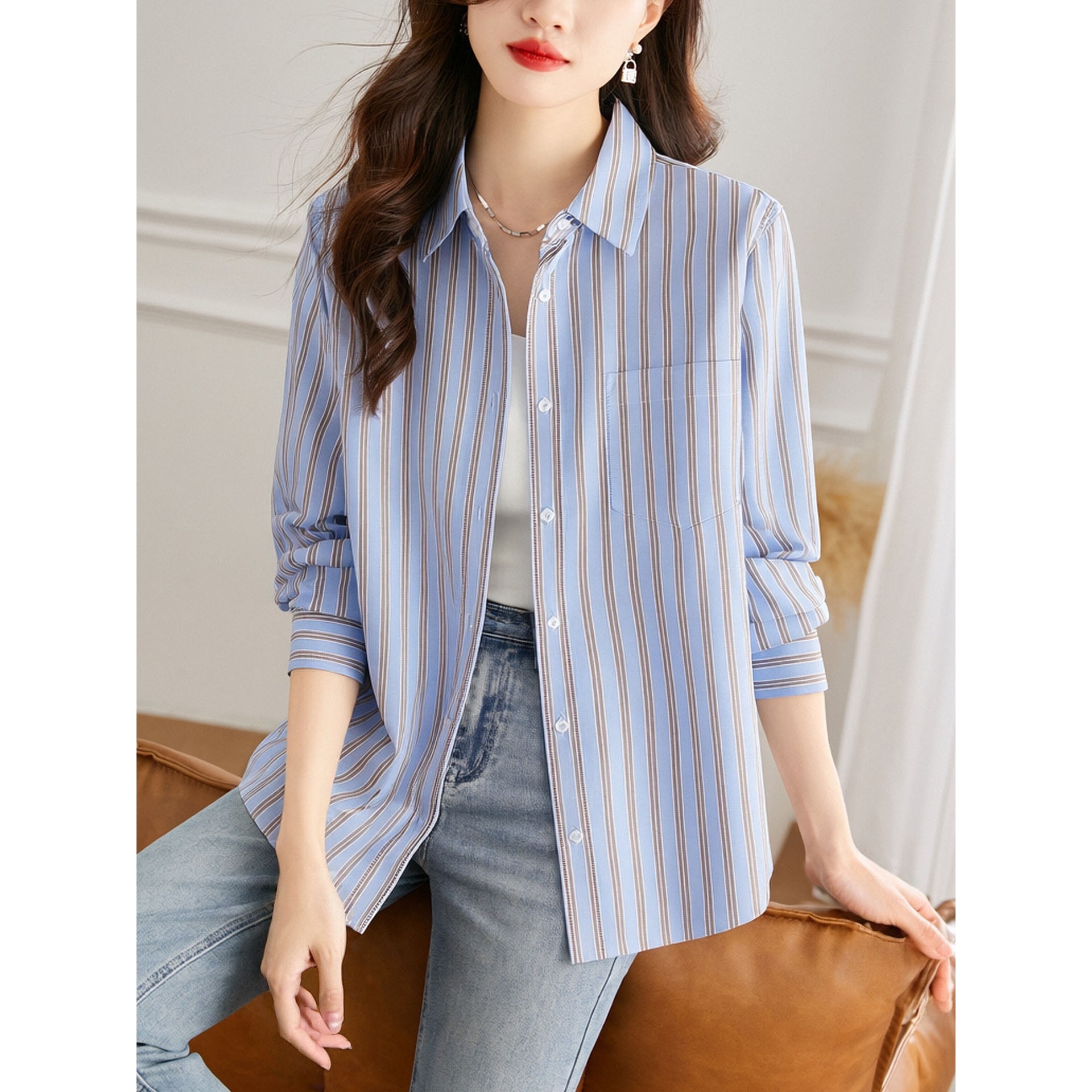 香港潮牌棉茧条纹衬衫女长袖2025秋冬装新款宽松休闲上衣韩版女士,女装/女士精品,真丝上装,淘宝优惠券,粉丝福利购,淘宝优惠卷