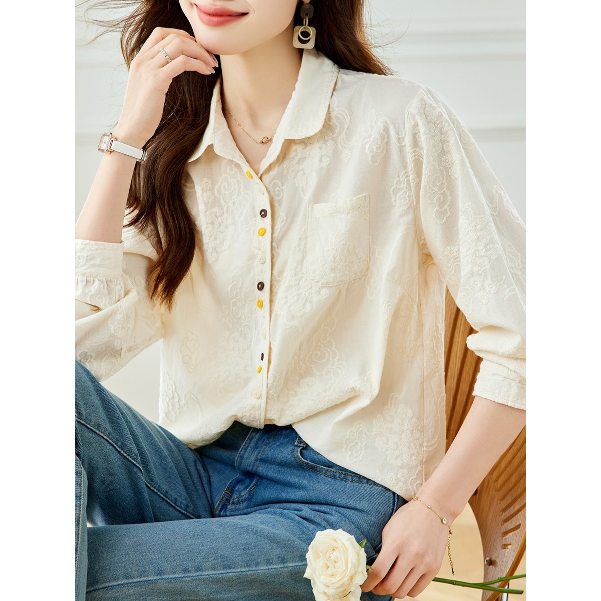 香港潮牌厂家直销杏色绣花衬衫女长袖2025春秋彩扣娃娃领上衣纯棉,女装/女士精品,衬衫,淘宝优惠券,粉丝福利购,淘宝优惠卷