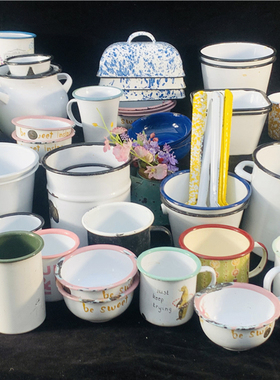 经典复古圆形托盘搪瓷杯型摆件