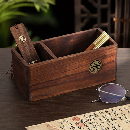 双格实木笔筒文房木质收纳盒学生画笔办公室桌面用品置物盒轻奢高级榉木多功能毕业纪念品国风礼物送老师礼品