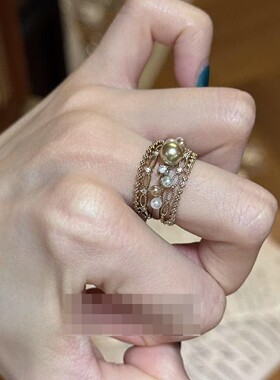 复古做旧咖啡金镂空细圈叠戴戒指女气质高级感珍珠开口食指戒指环
