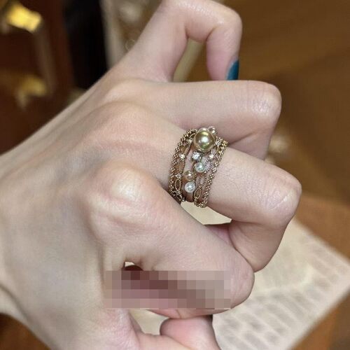 复古做旧咖啡金镂空细圈叠戴戒指女气质高级感珍珠开口食指戒指环