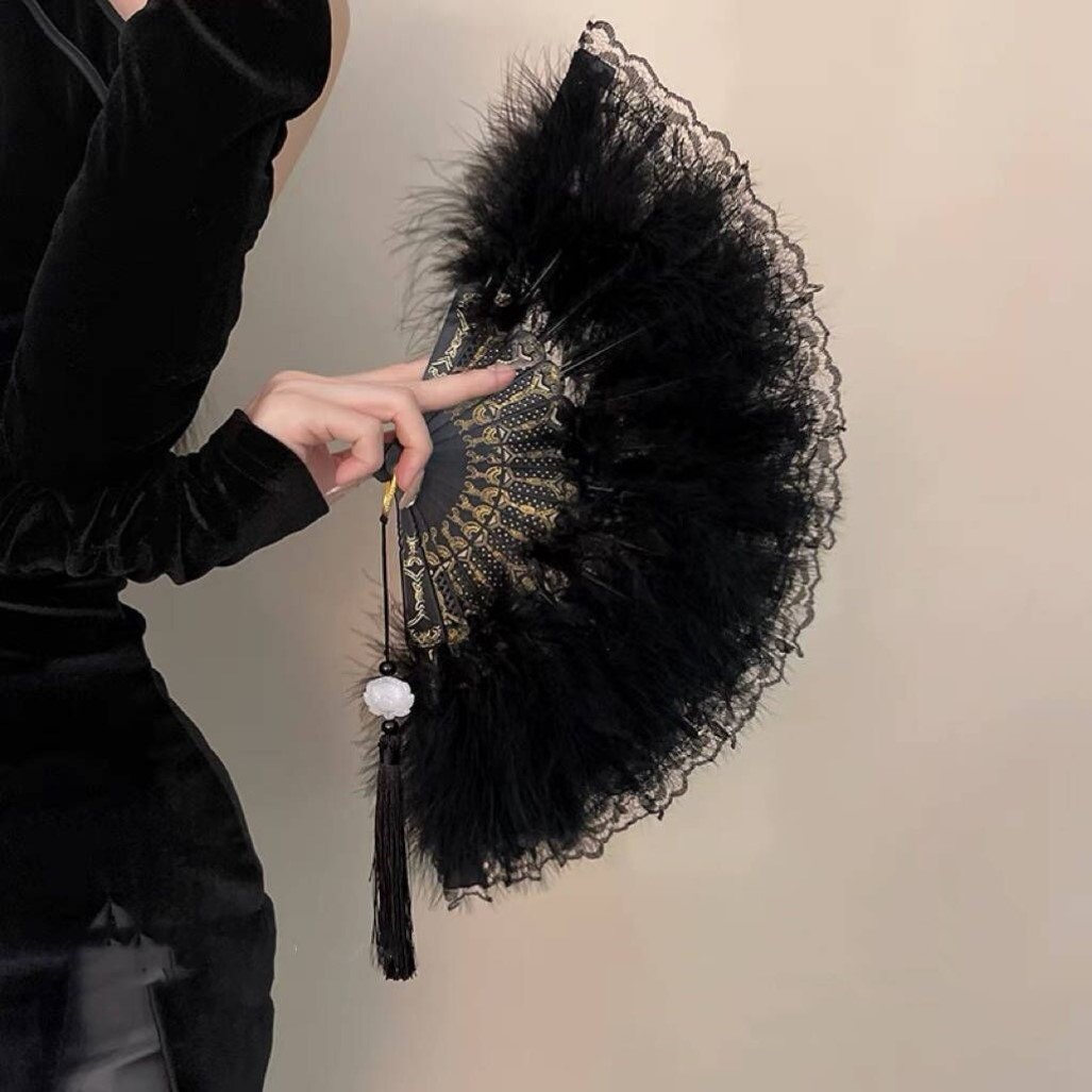 古风羽毛扇旗袍女走秀折扇汉服新年黑色蕾丝扇子舞蹈扇复古中式风
