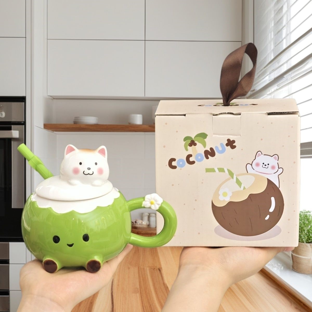 可爱小猫咖啡杯马克杯吸管杯带盖高颜值陶瓷杯情侣水杯生日伴手礼