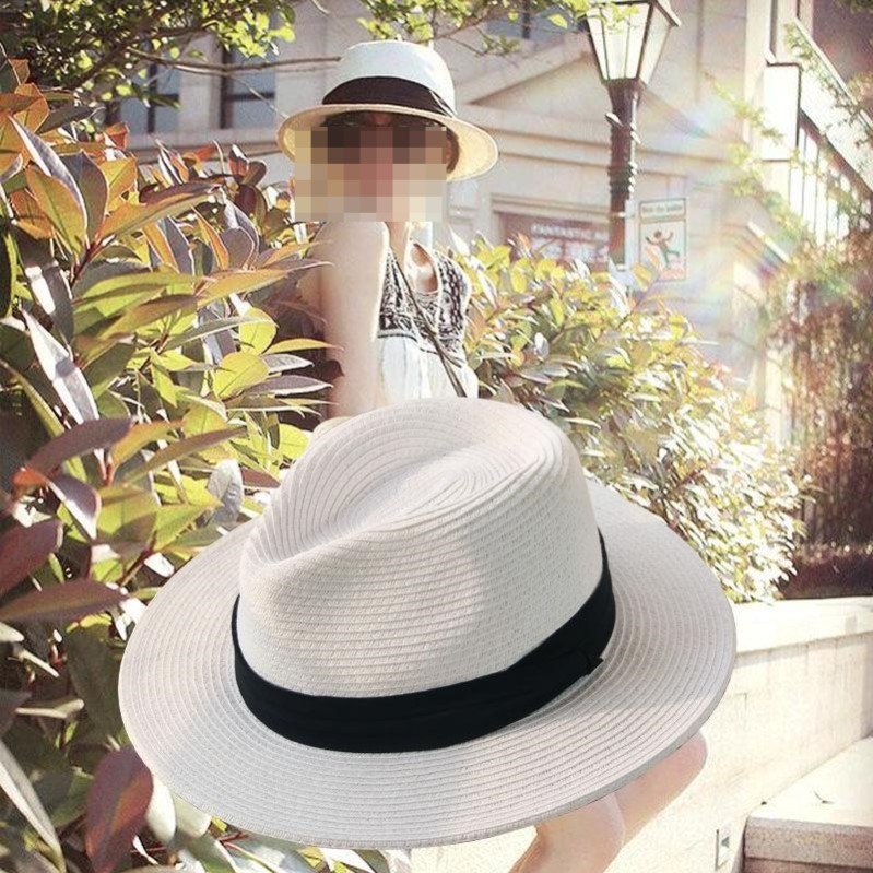 巴拿马宽檐编制礼帽子女夏季海边度假遮阳草帽简约百搭时尚爵士帽