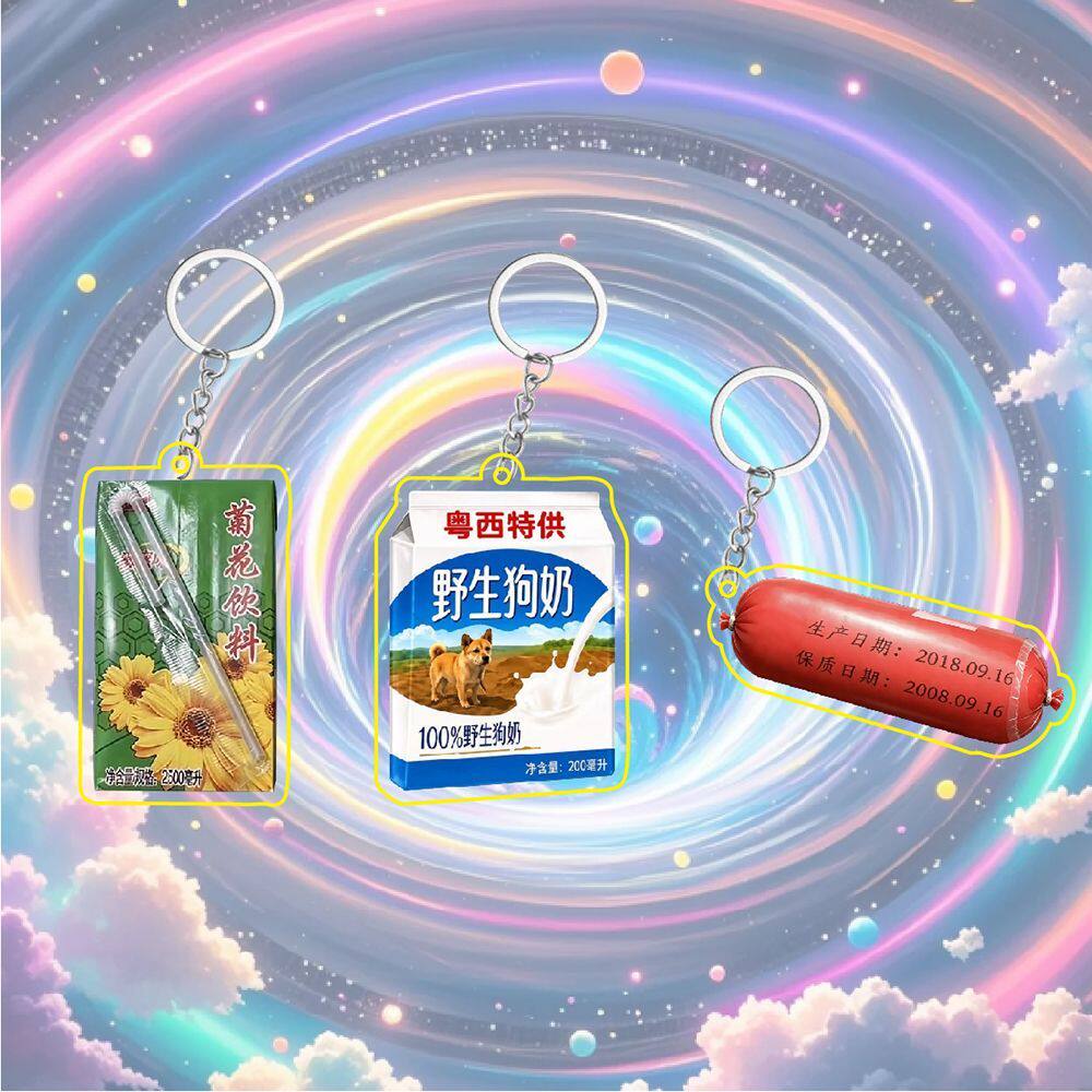 抖音爆款空间菊花饮料粤西狗奶穿越火腿肠亚克力搞笑挂件精致挂饰