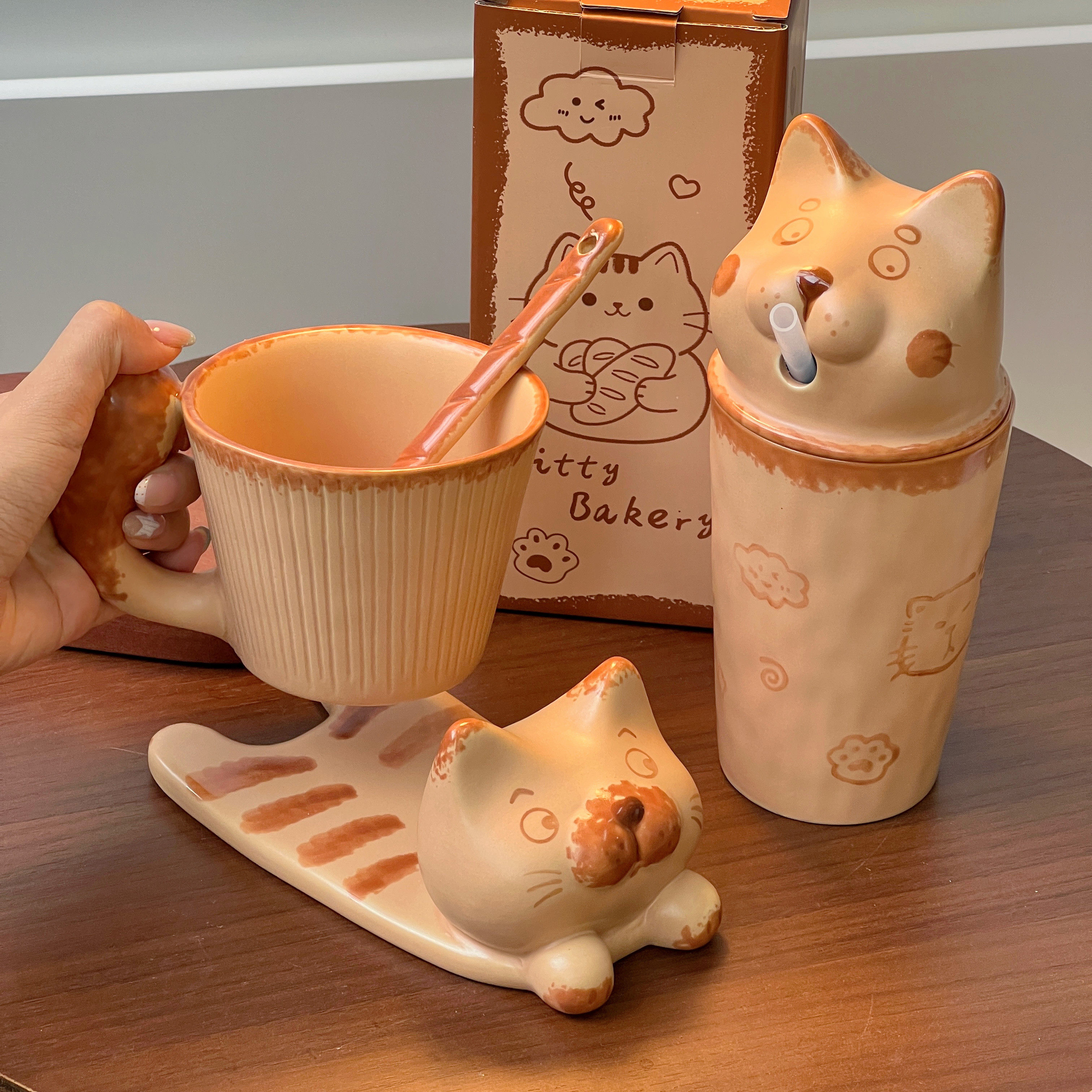 面包猫猫咖啡杯碟创意景德镇手绘陶瓷釉下彩马克杯高颜值可爱水杯