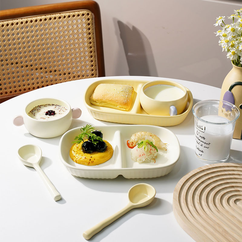 纯色分格盘早餐餐具减肥减脂控制食量分餐盘子高颜值陶瓷双耳炖盅