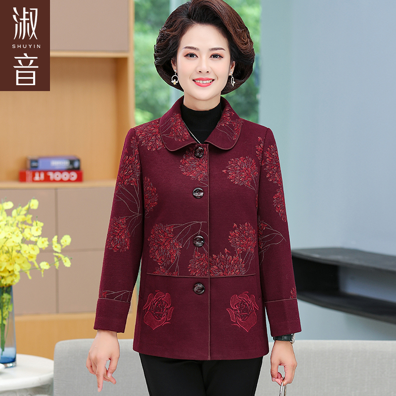 妈妈秋装外套女春秋呢上衣2021新款中老年女装春秋季薄款毛呢衣服