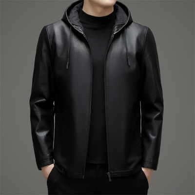 恒源祥官方正品新款海宁男士皮衣中年外套秋冬新款休闲百搭连帽加