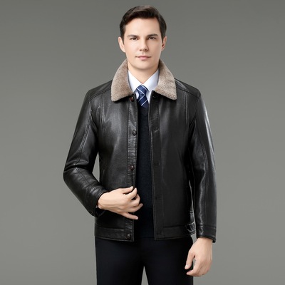 恒源祥官方正品海宁皮衣男士冬季皮毛一体加绒加厚商务休闲中年爸